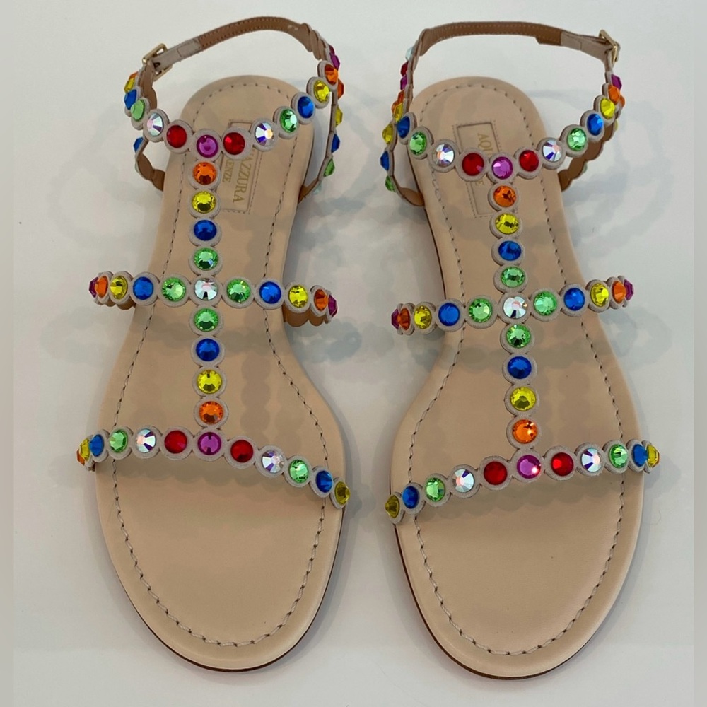 AQUAZZURA BEIGE TEQUILA CRYSTAL RAINBOW SANDALS SIZE IT 38 / US 8 NEW IN BOX!